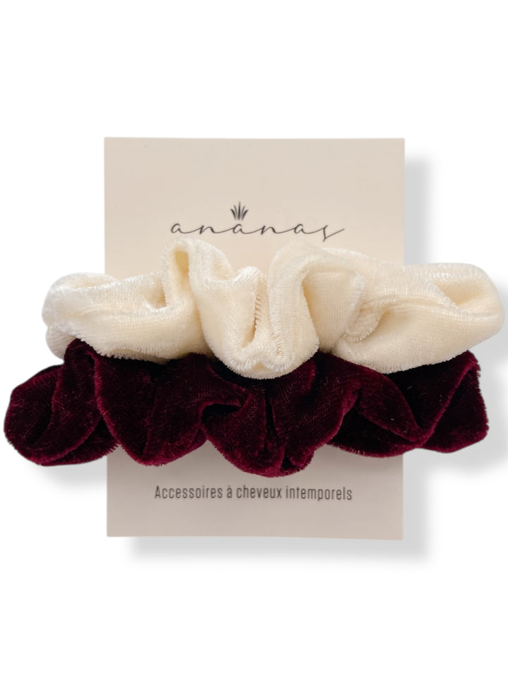 Small velvet Scrunchies - White/Burgundy (2)